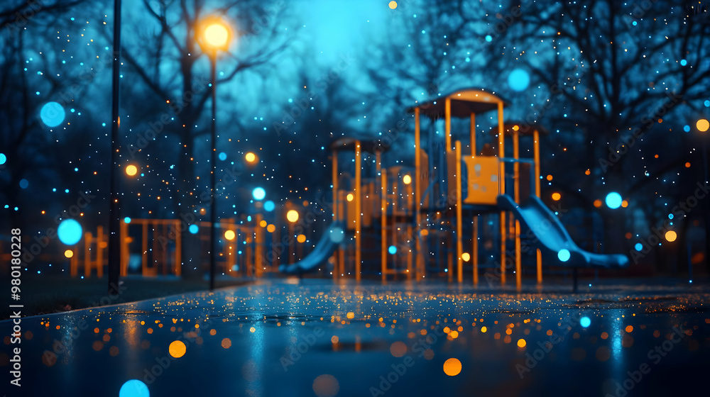 Aufkleber a serene playground scene illuminated by streetlights, with raindrops and colorful bokeh creating a 