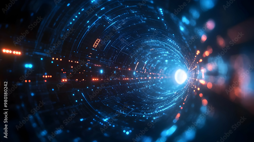 Poster a captivating view of a futuristic tunnel, filled with glowing lights and patterns, creating a sense