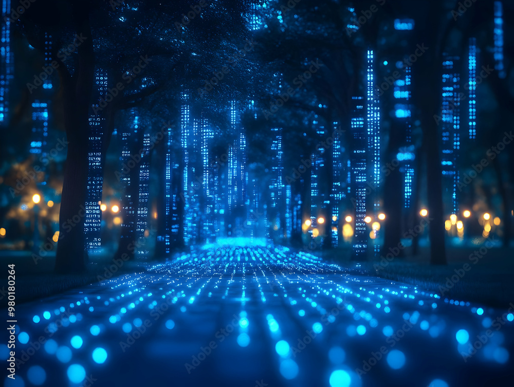 Poster a mesmerizing blue light pathway through a digital forest, creating a serene and enchanting atmosphe