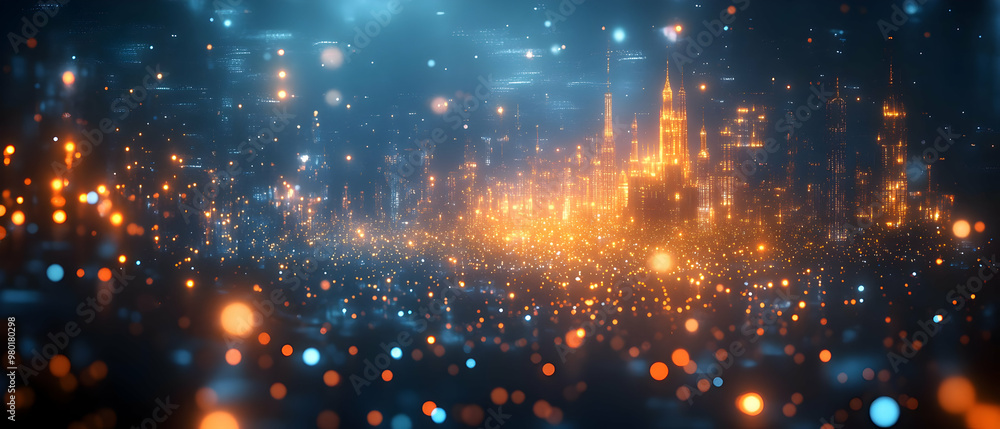 Poster a mesmerizing abstract landscape filled with vibrant lights and shimmering particles, creating an en