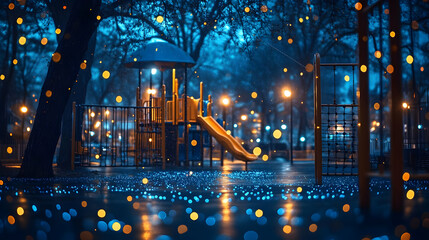 A serene playground at night, illuminated by soft lights and surrounded by trees, creating a magical atmosphere for peaceful moments.