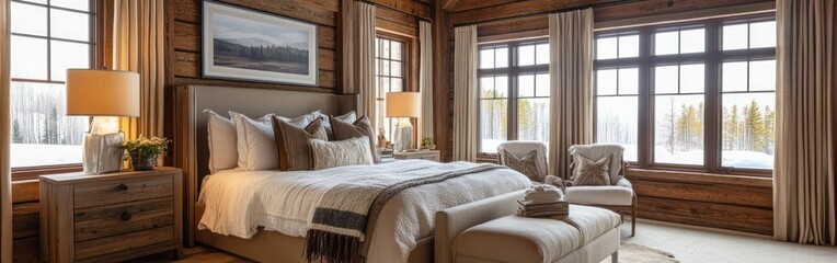 Fototapeta premium Cozy rustic bedroom with natural light and warm decor.