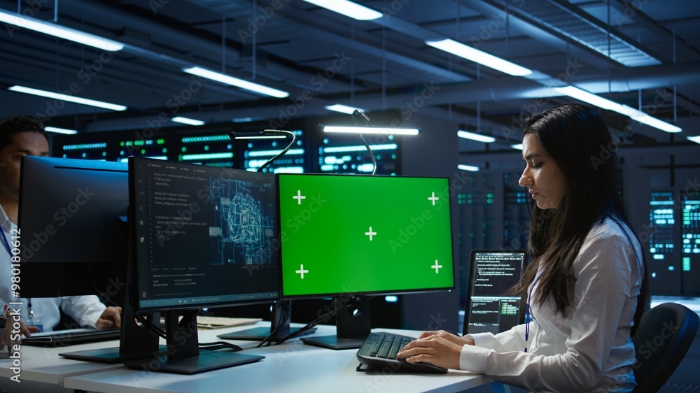 Poster admin using ai tech on isolated screen pc to do maintenance in server room. specialist in data cente