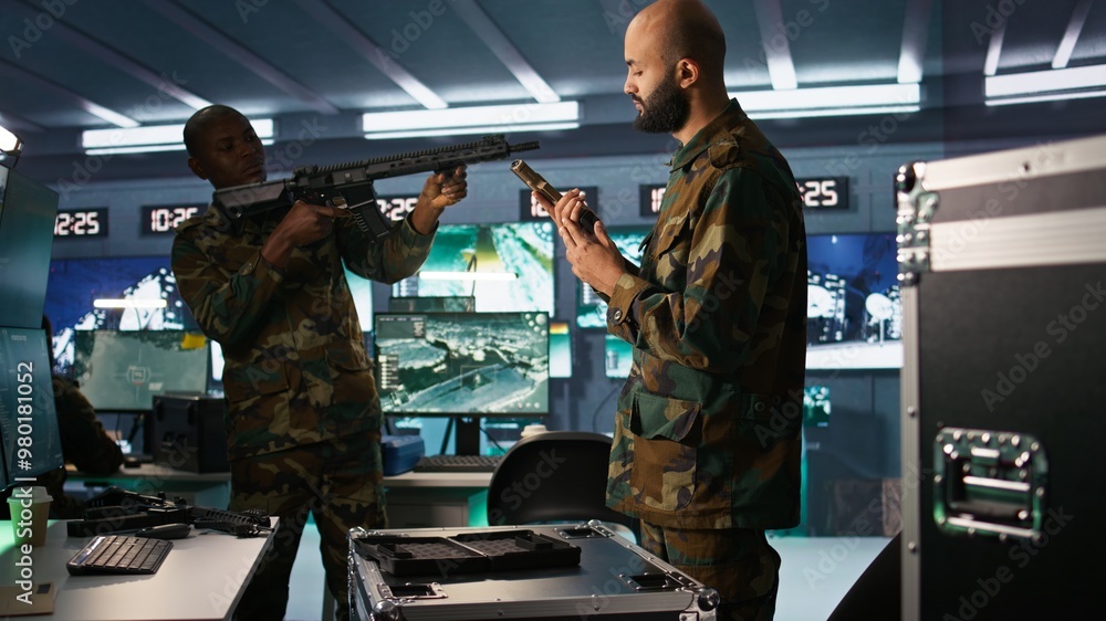 Poster operatives conducing special operation, loading weapons, preparing to attack enemy forces. close up 