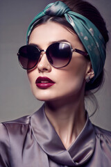 Stylish woman in sunglasses and scarf showcasing elegance and fashion in a portrait