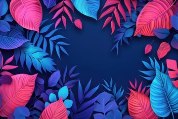 Fototapeta premium Vibrant tropical leaves in shades of pink and blue frame a dark background, creating an eye-catching design for nature lovers.
