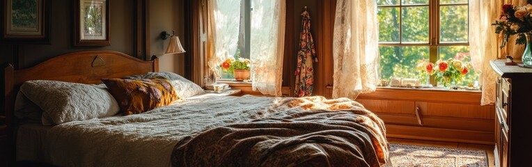 Cozy bedroom with warm light, a bed, and a view of flowers through a window.