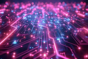 Obraz premium Abstract digital circuit background with vibrant pink and blue lights highlighting intricate connections and technology.