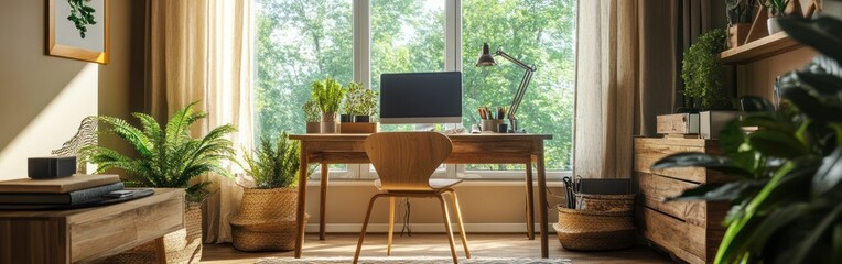 Fototapeta premium A cozy home office with plants, a desk, and a computer, promoting productivity and comfort.