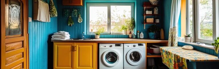 A colorful laundry room featuring washing machines, shelves, and a cozy window view.