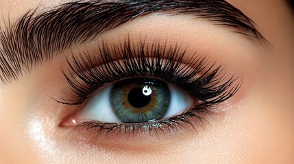 Obraz premium Close-up of a woman's eye with long, dark eyelashes.