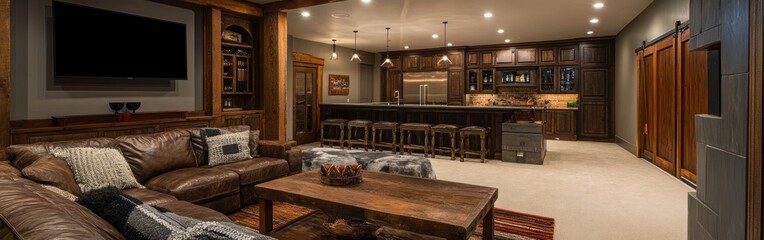Cozy living room with a kitchen, featuring a leather sofa and wooden decor.