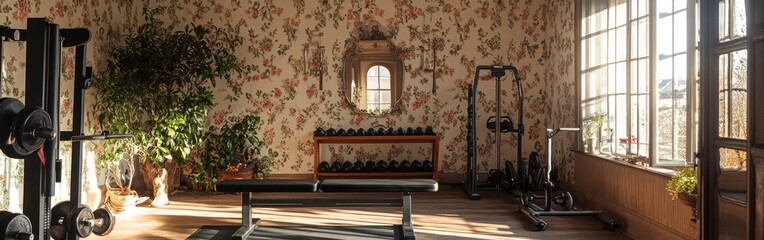 A stylish home gym featuring weights, a bench, and floral wallpaper for fitness activities.