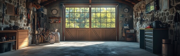Fototapeta premium A spacious garage with wooden doors, tools, and a bike, illuminated by natural light.