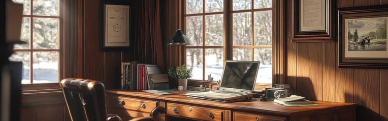 A cozy home office with wooden decor and a winter landscape outside.