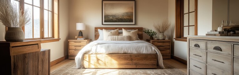 A cozy, modern bedroom featuring wooden furniture and soft textiles for relaxation.