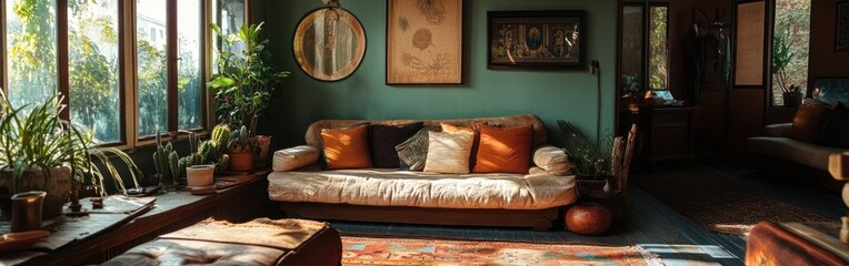 Cozy living room filled with plants, warm colors, and natural light.