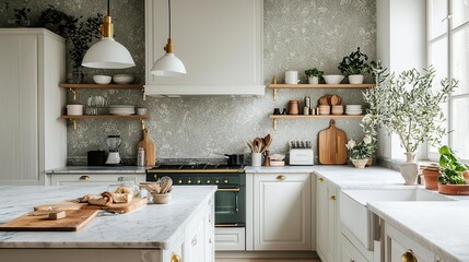 Classic French kitchen with vintage-inspired wallpaper, marble countertops, and brass hardware