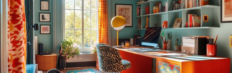 A vibrant home office with colorful decor, a desk, and a large window for natural light.