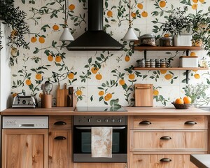 Cozy vintage kitchen with fruit-patterned wallpaper and wooden cabinetry, retro charm