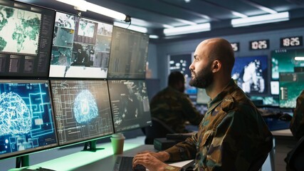 Army specialist employing AI tech to improve military warfare systems and threat monitoring. IT admin uses neural networks to enhance combat operational capabilities, camera B