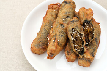 Gimmari or Kimmari, made from seaweed rolls filled with vermicelli or japchae. Korean food
