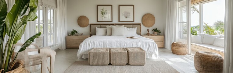 A serene bedroom featuring natural decor and a cozy atmosphere.