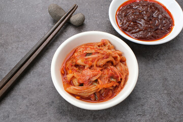 Kimchi or Kimci, a traditional Korean food, pickled fermented vegetables with a spicy seasoning
