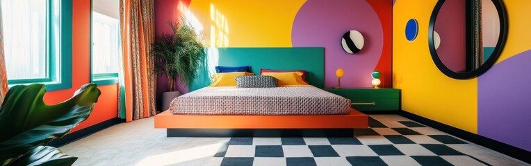 A vibrant bedroom featuring colorful walls, modern furniture, and a playful design.