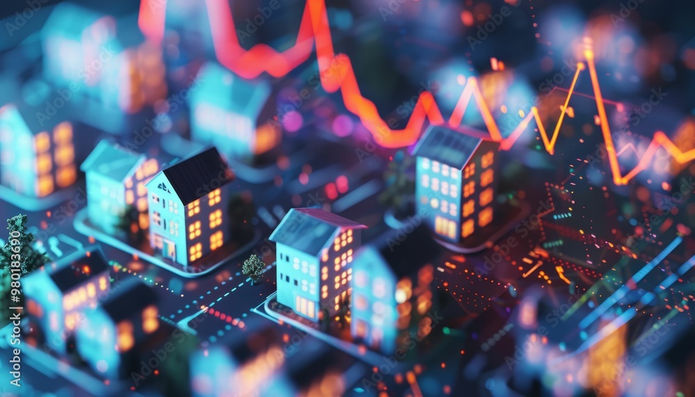 Poster digital visualization of a modern city with glowing red graph in the background representing economi