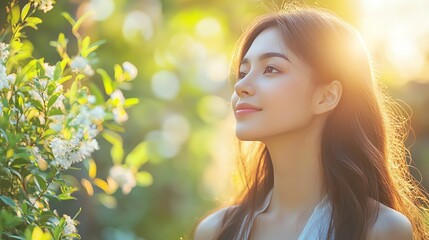Fototapeta premium Beautiful young woman enjoying the sunshine and flowers.