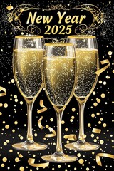 Champagne glasses celebrating New Year 2025 with golden stars and confetti
