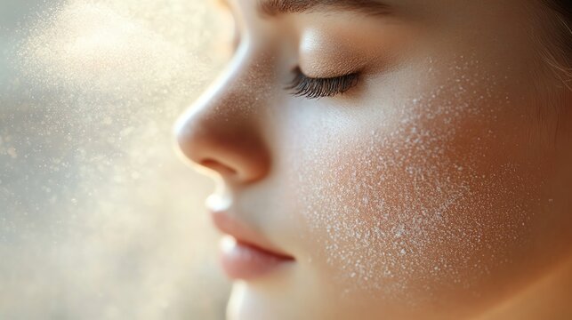 Closeup of woman's face with dry skin, showing flaky patches.