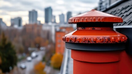 Naklejka premium Close-up of a vibrant red chimney cap against a blurred city skyline, showcasing urban architecture and seasonal colors.