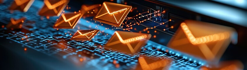 Futuristic digital depiction of orange email icons on a circuit board background, symbolizing modern communication technology.