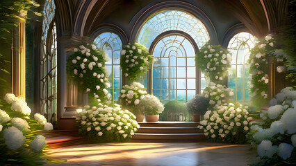 A romantic wedding backdrop: A grand arched window adorned with cascading white flowers and lush greenery, creating a breathtaking atmosphere of elegance and natural beauty