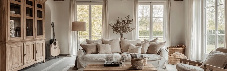 Cozy living room with natural light, comfortable furniture, and decorative elements.