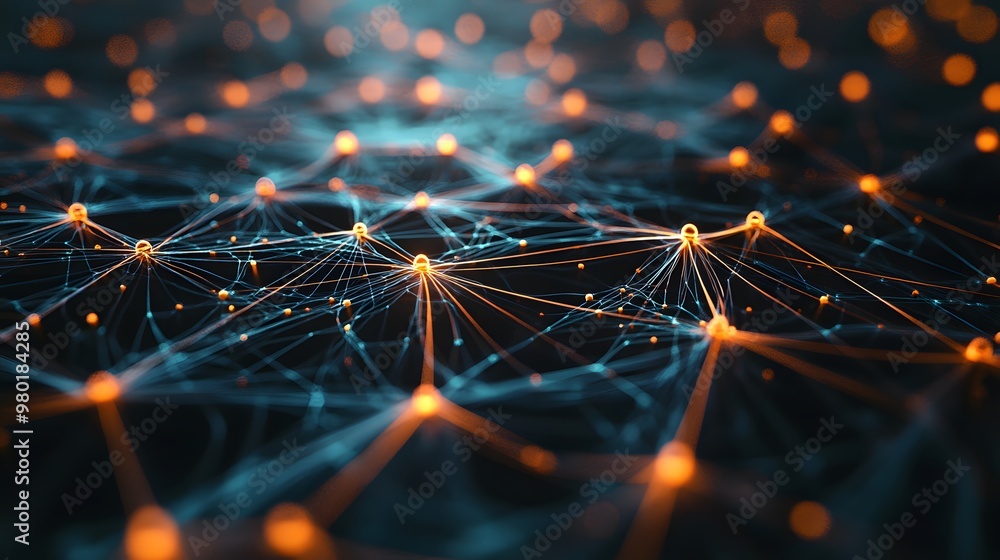 Poster abstract network of interconnected orange glowing nodes