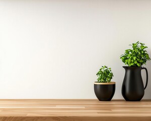 Soft minimalist kitchen with subtle stripe wallpaper and natural wood countertops