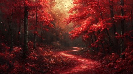 Fototapeta premium Enchanted red fantasy forest landscape with winding pathway and lush trees