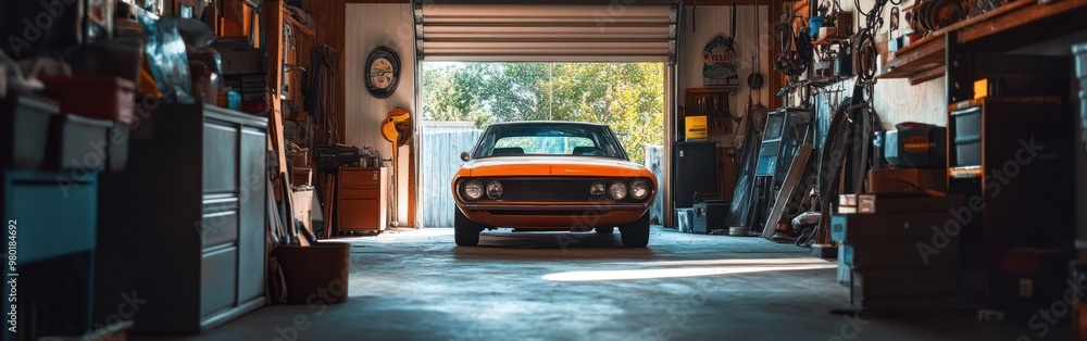 Poster A classic orange car parked in a well-organized garage, illuminated by natural light.