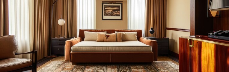 Cozy hotel room featuring a bed, artwork, and warm lighting.