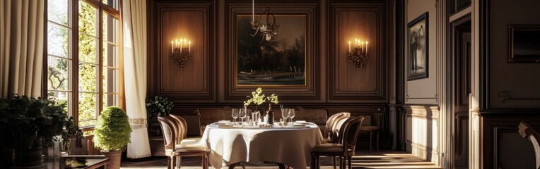 Elegant dining room with a table set for a meal, featuring warm lighting and decor.