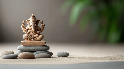 A serene depiction of a Ganesh statue on stacked stones, symbolizing peace and harmony in a tranquil setting.