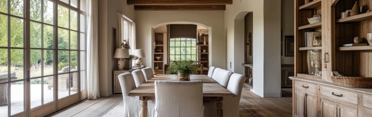 A spacious dining area with a wooden table, chairs, and large windows overlooking greenery.