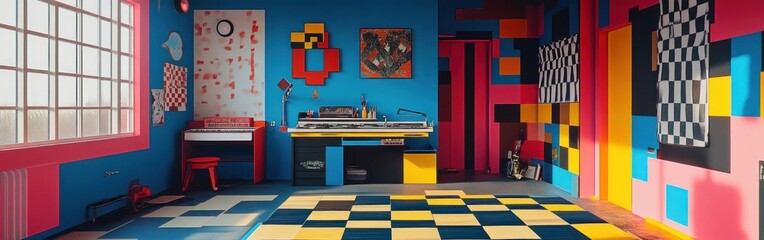 A vibrant and playful room featuring colorful walls, a desk, and a checkered floor.