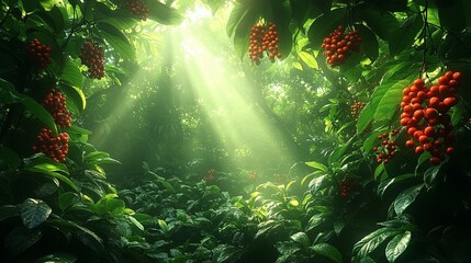 Lush green guarana plantation in tropical rainforest with ripe red berries