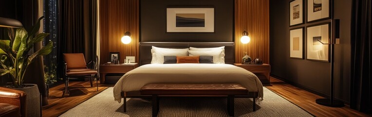 Modern bedroom with warm tones, featuring a bed, artwork, and cozy furnishings.