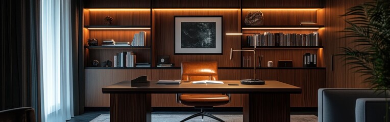 A modern office space featuring a wooden desk, chair, and shelves with books and decor.