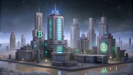 Futuristic Cityscape with Illuminated "B" Signs on Tall Buildings